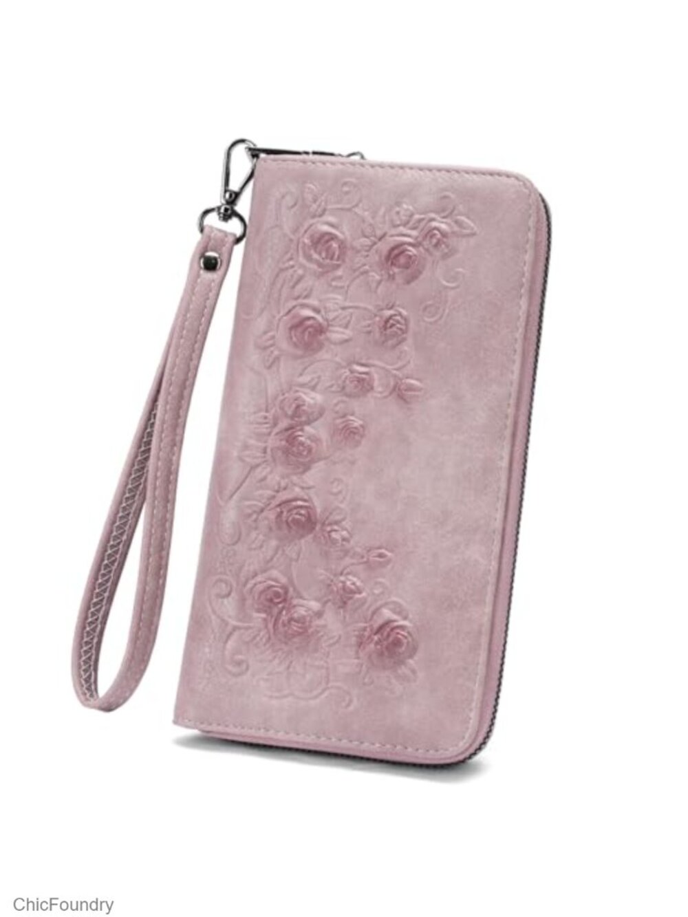 RFID Wristlet Wallet Vegan Leather Floral Embossed Large Capacity Phone Clutch